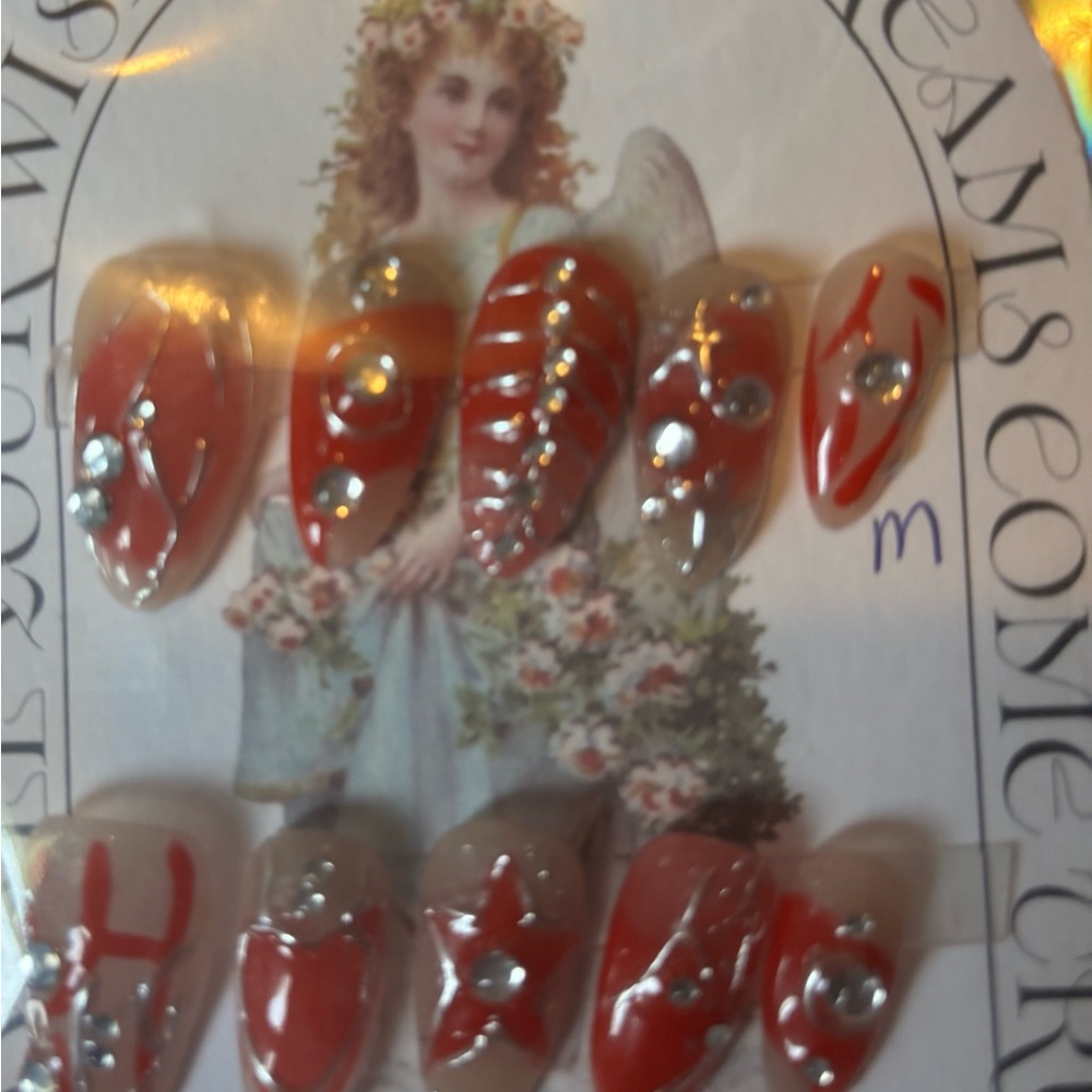 Red and Silver hand made press on nail